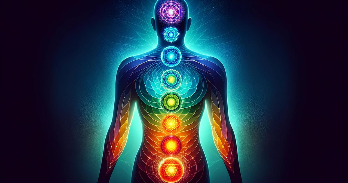 The 7 chakras arranged horizontally along a human silhouette. Each chakra is depicted as a glowing orb with geometric patterns, presented in a minimalist style against a dark background.
